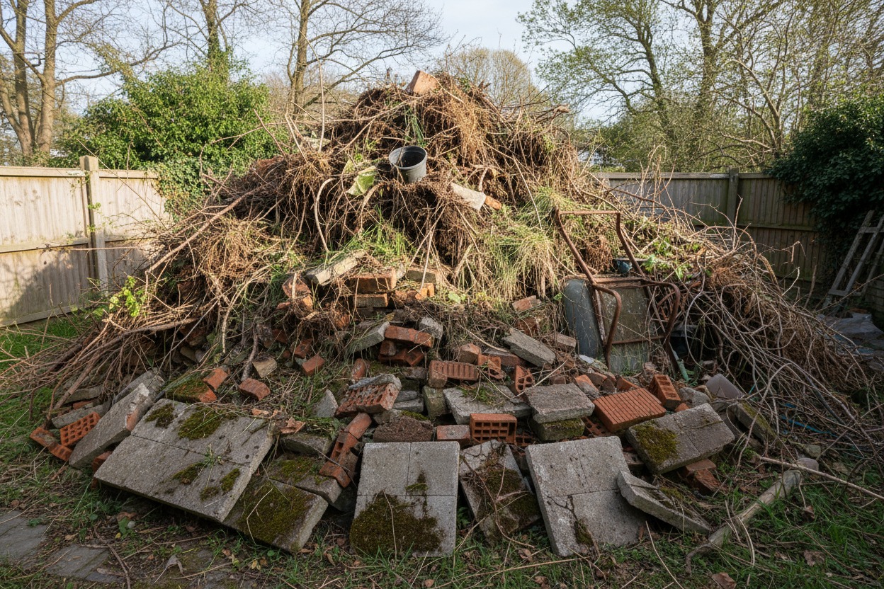 a big pile of garden waste, slabs and bricks